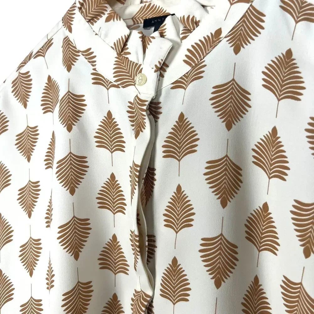 Ann Taylor Women's Size L Ruffle Neck Button-Up Top Blousy Relaxed Fit Career